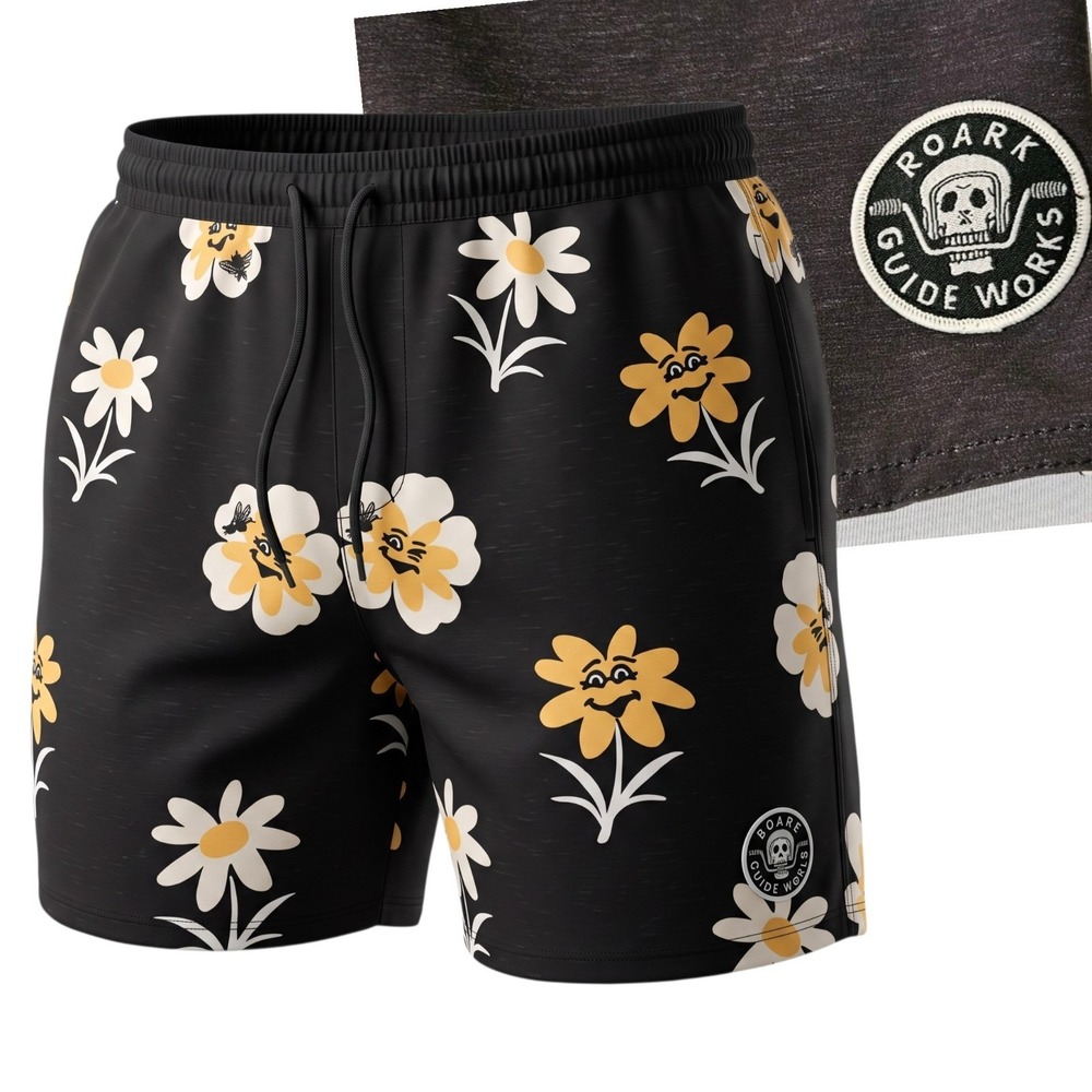 Roark Surf Board Shorts Mens XXL Black Floral Smiley Face Swim Trunks Pockets